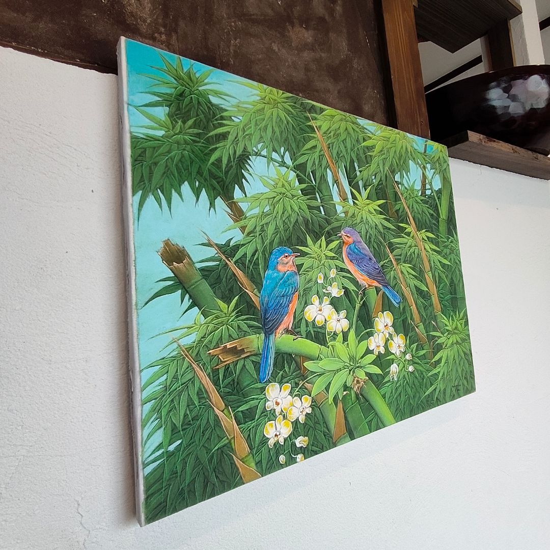 バリ絵画 鳥の絵 2羽 小鳥 花の絵 フラワー W40×H50cm ブンゴセカン