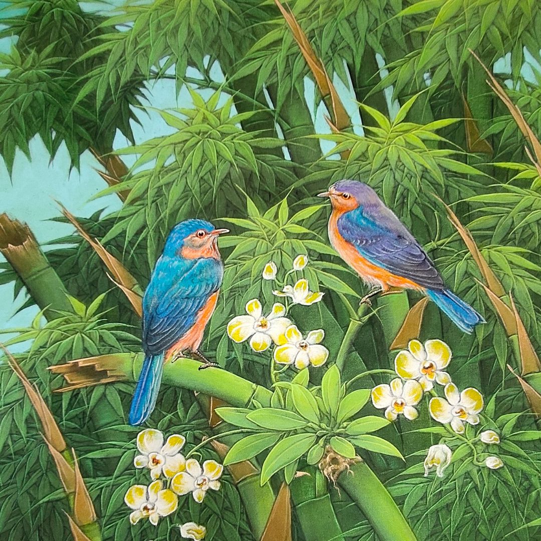 バリ絵画 鳥の絵 2羽 小鳥 花の絵 フラワー W40×H50cm ブンゴセカン