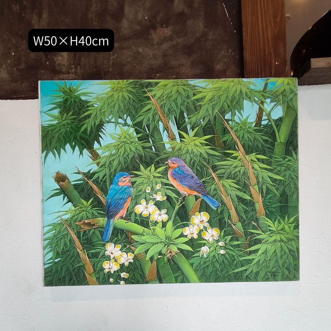 バリ絵画 鳥の絵 2羽 小鳥 花の絵 フラワー W40×H50cm ブンゴセカン