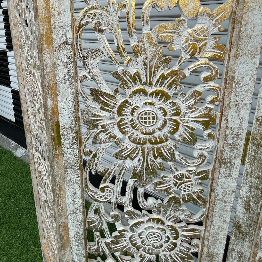 パーテーション 衝立 3連 フラワー柄 ゴールド ブラウン H170cm