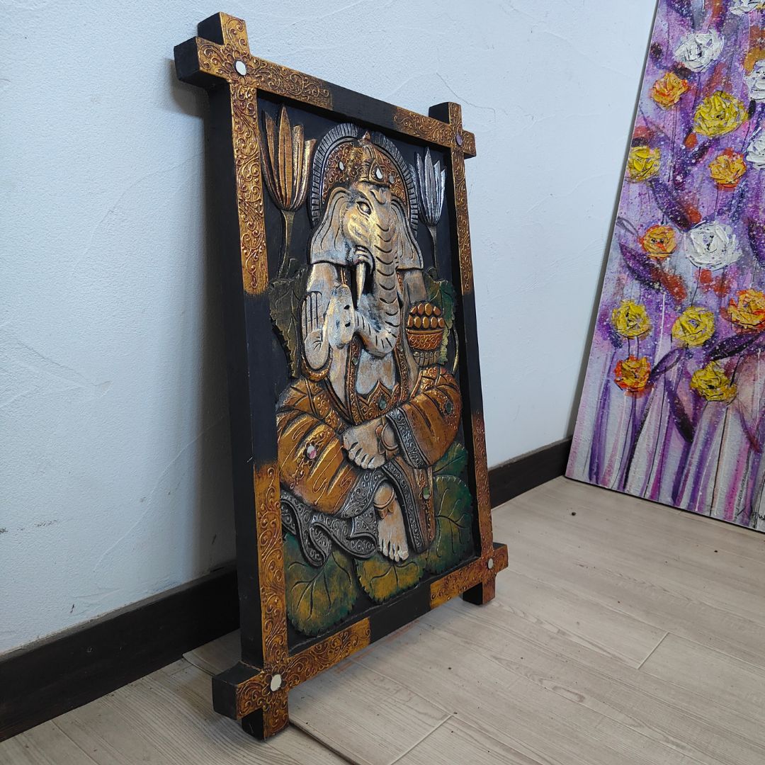 木製 レリーフ ガネーシャ 彫刻 パネル 40×60cm ブラック ブラウン