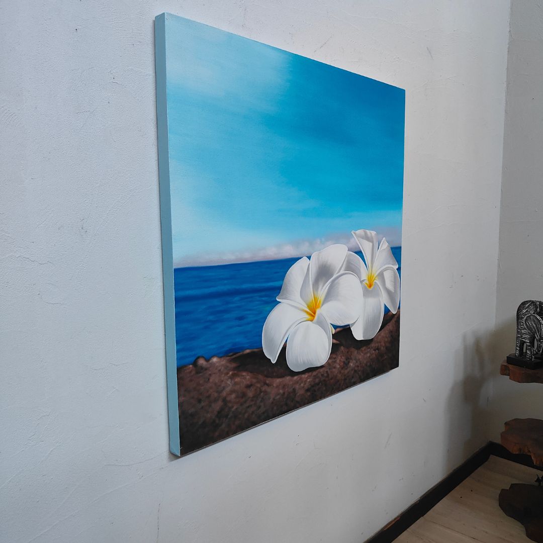 花の絵 ビーチ プルメリア 白 青 W100×H100cm フレームなし モダン