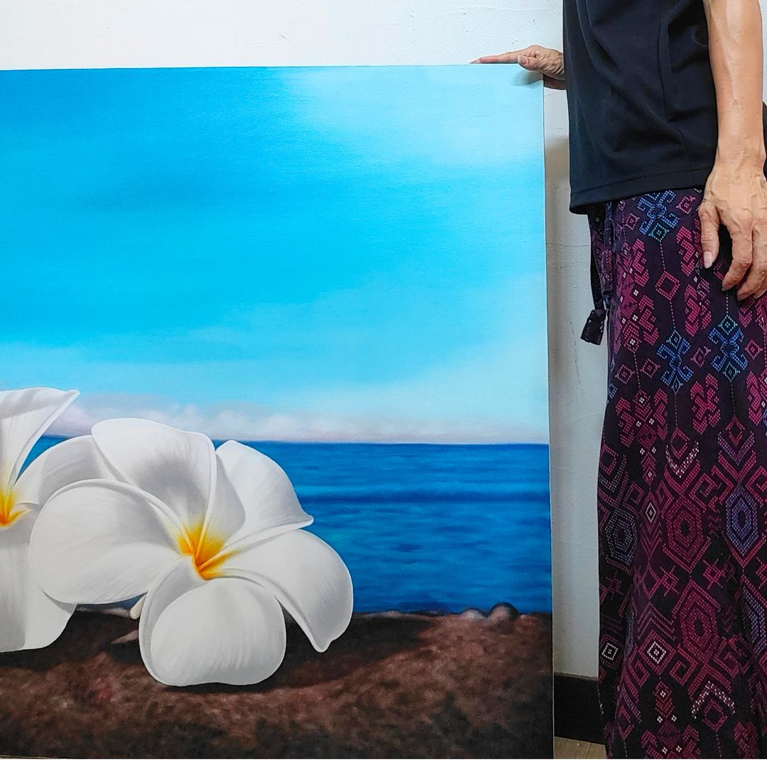 花の絵 ビーチ プルメリア 白 青 W100×H100cm フレームなし モダン