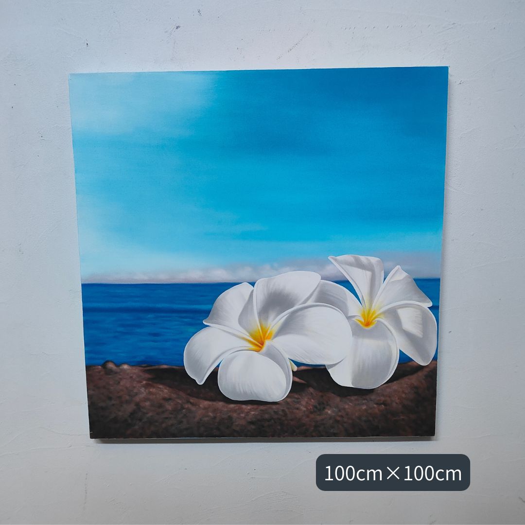 花の絵 ビーチ プルメリア 白 青 W100×H100cm フレームなし モダン