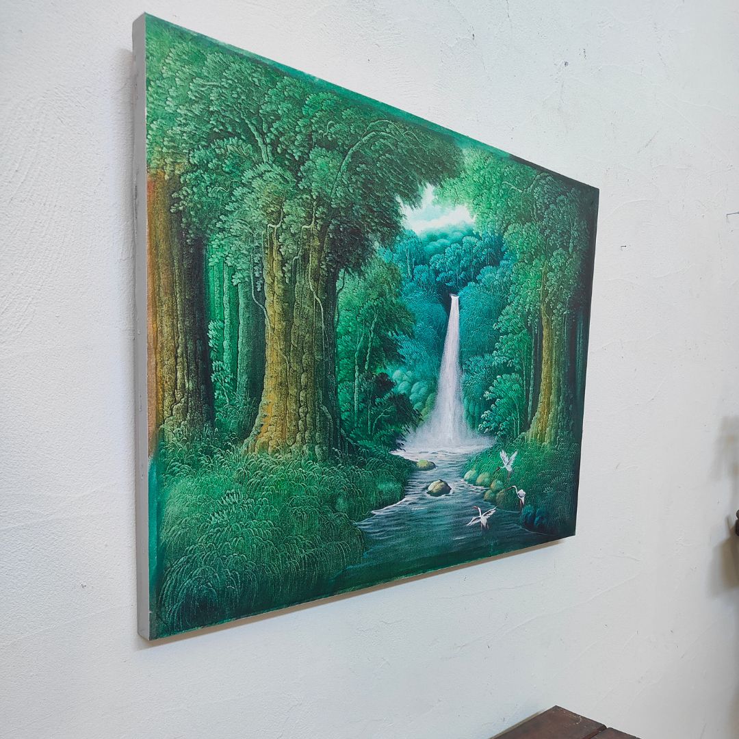 森の絵 滝の絵 森の滝 鳥の絵 フレームなし W80×H60cm 緑 グリーン