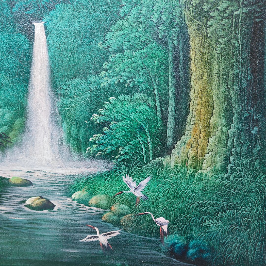 森の絵 滝の絵 森の滝 鳥の絵 フレームなし W80×H60cm 緑 グリーン