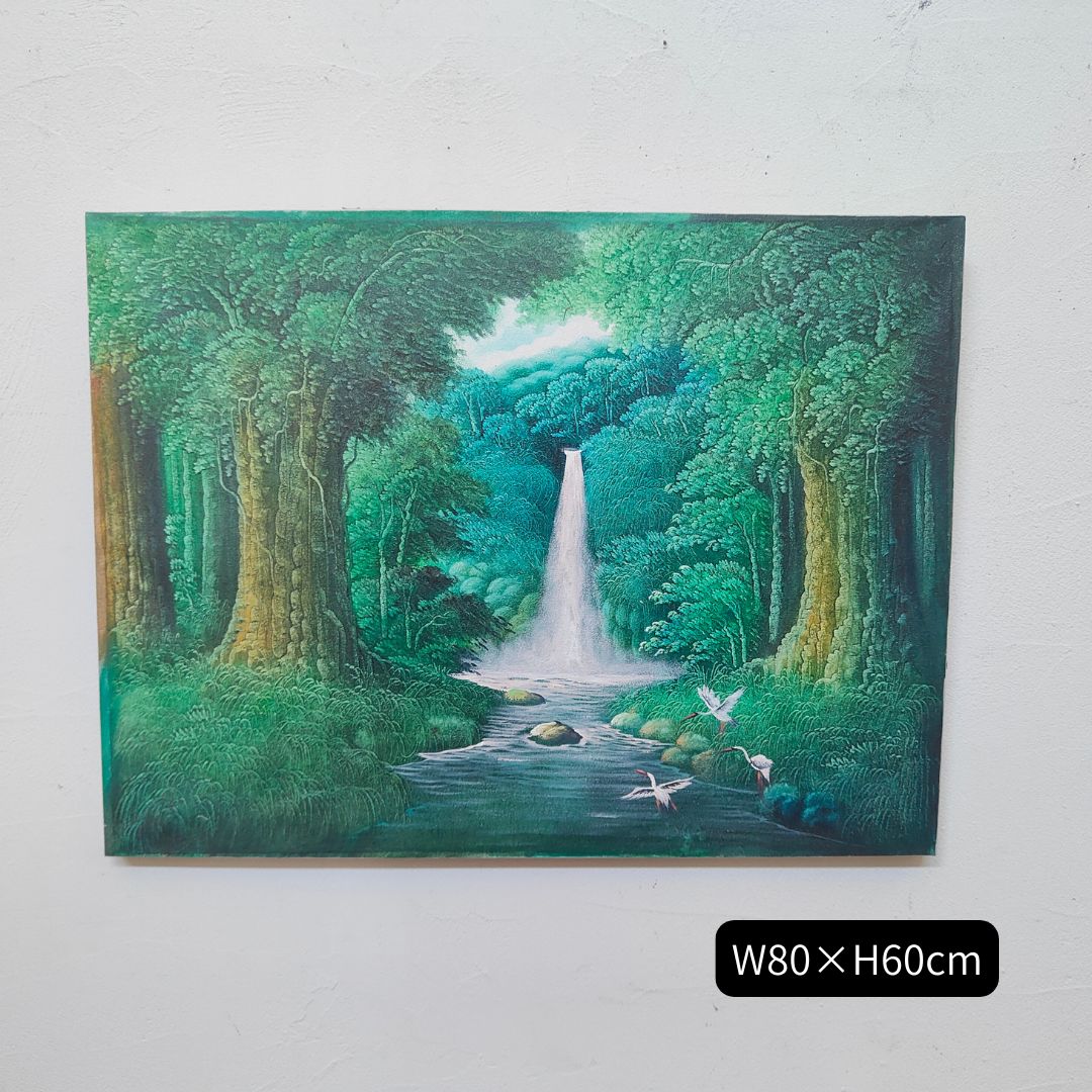 森の絵 滝の絵 森の滝 鳥の絵 フレームなし W80×H60cm 緑 グリーン