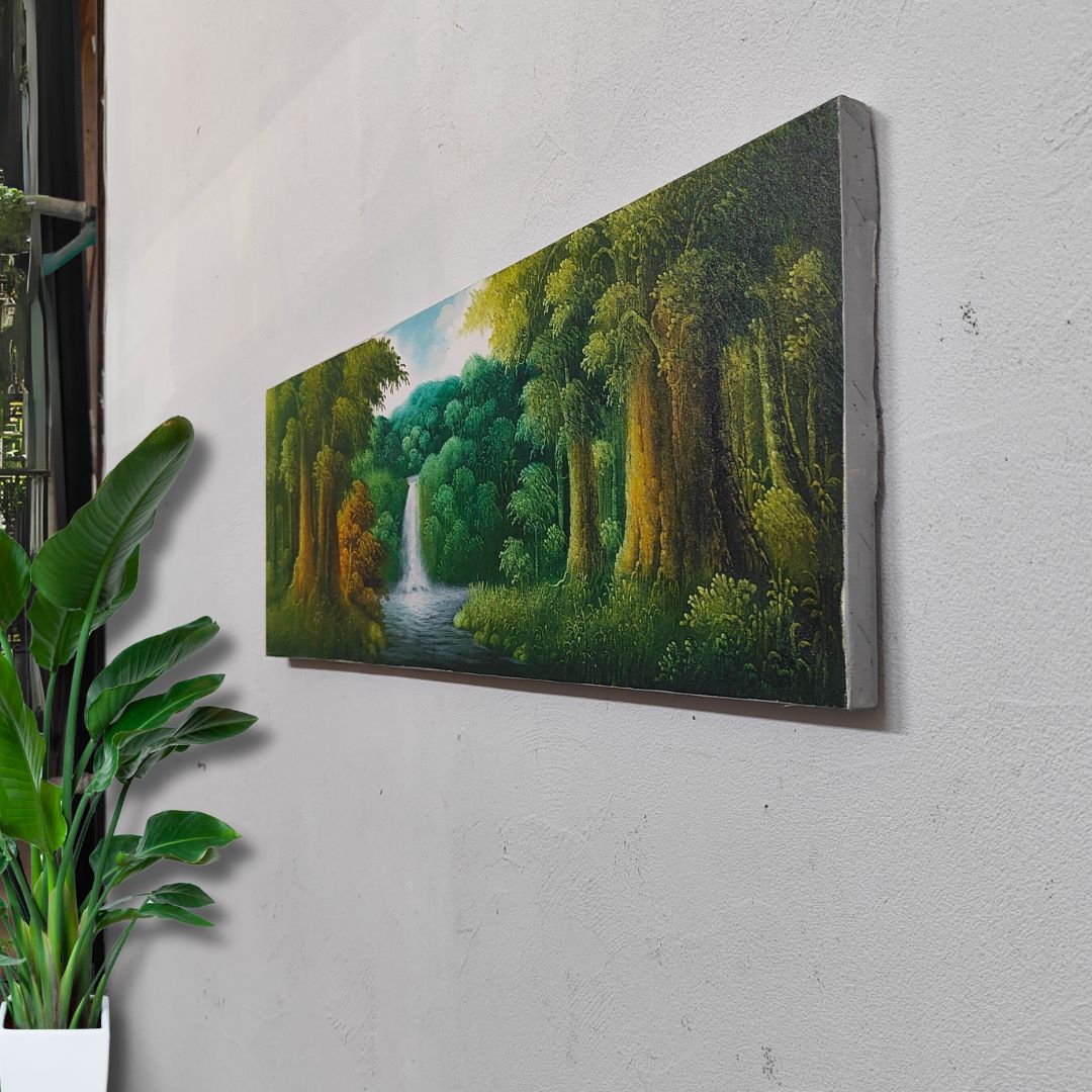 森の絵 滝の絵 ウォーターフォール フレームなし W90×H30cm 緑