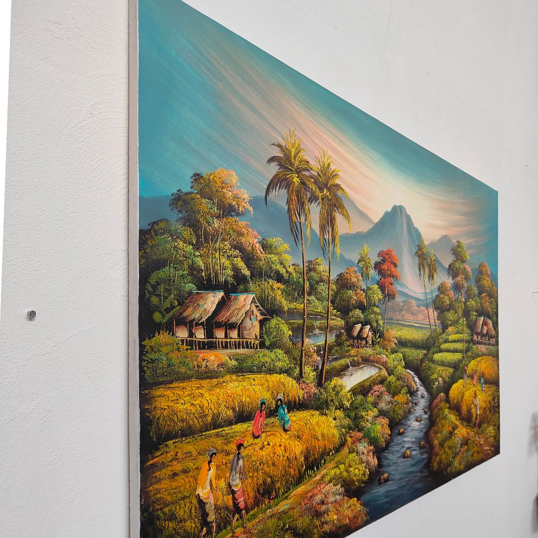 山の絵 田園 原風景 田舎 フレームなし W135×H85cm 緑 グリーン バリ