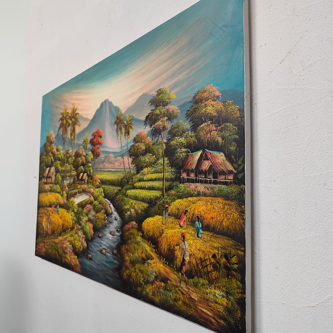 山の絵 田園 原風景 田舎 フレームなし W135×H85cm 緑 グリーン バリ