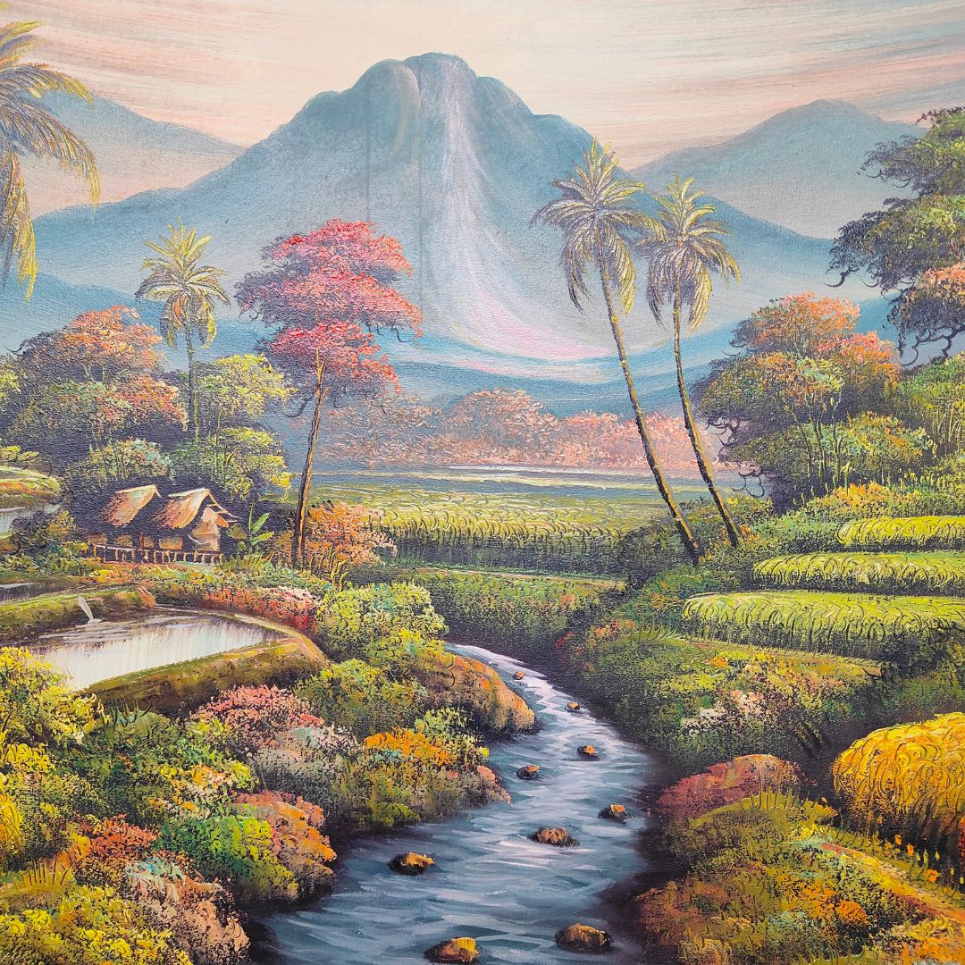 山の絵 田園 原風景 田舎 フレームなし W135×H85cm 緑 グリーン バリ