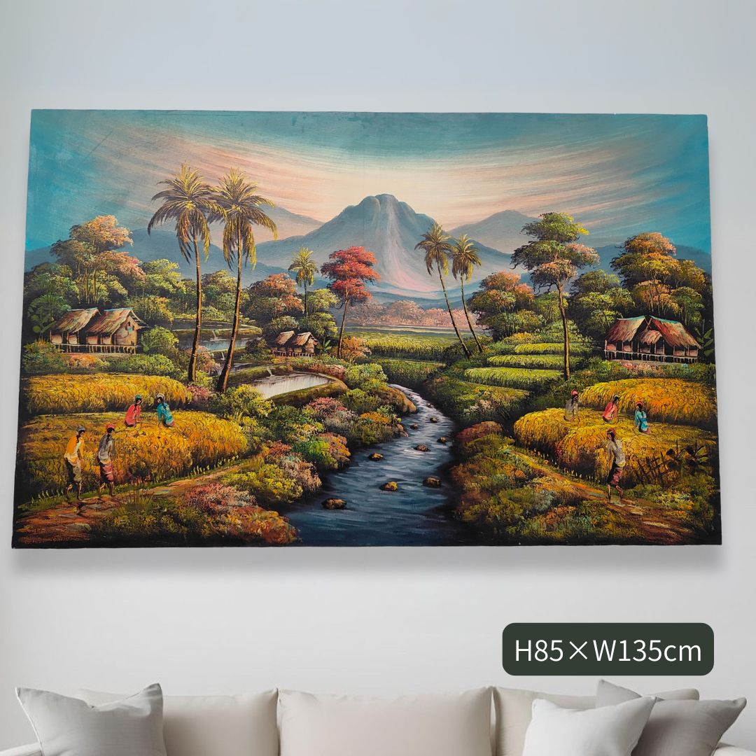 山の絵 田園 原風景 田舎 フレームなし W135×H85cm 緑 グリーン バリ