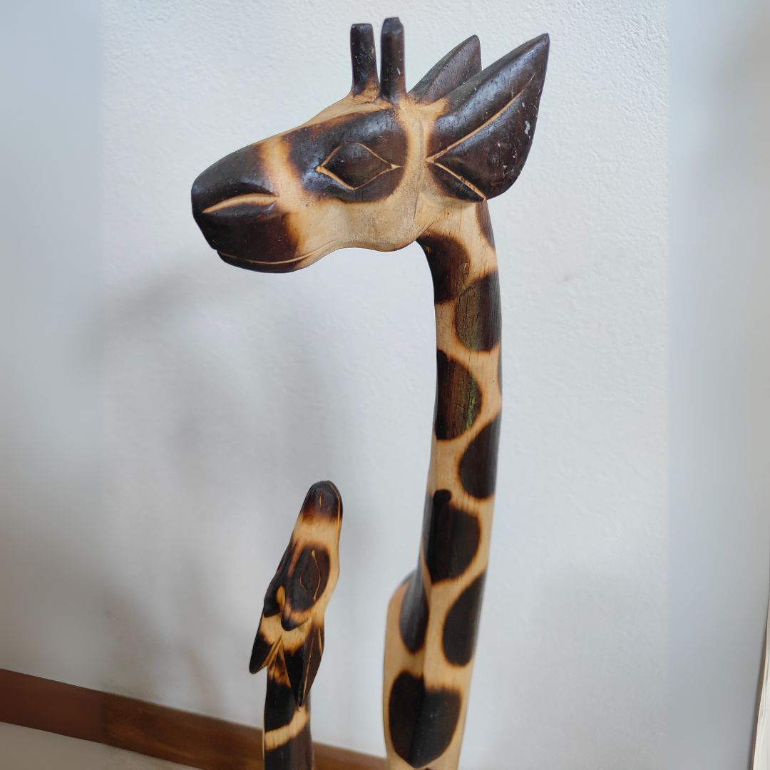 キリンのオブジェ 親子 80cm ダブル 木製 スタンドオブジェ キリンの