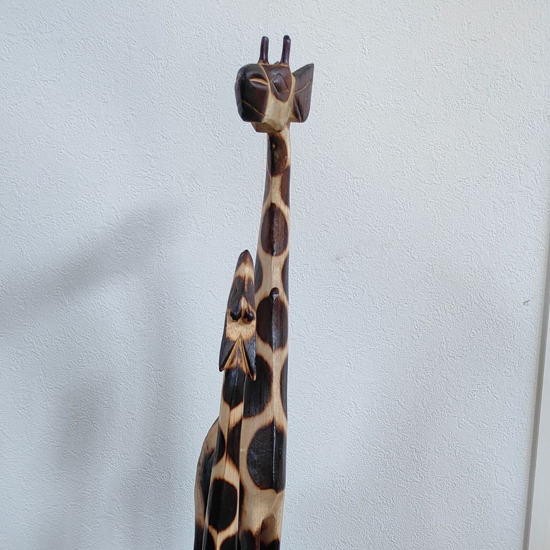 キリンのオブジェ 親子 80cm ダブル 木製 スタンドオブジェ キリンの