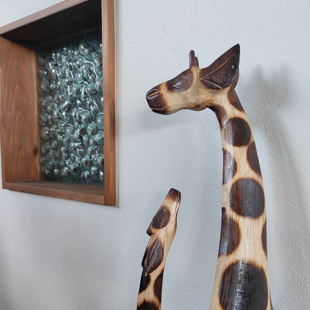 キリンのオブジェ 親子 80cm ダブル 木製 スタンドオブジェ キリンの