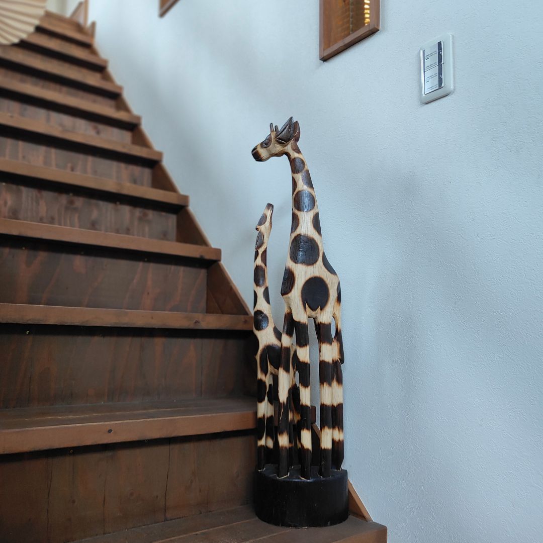 キリンのオブジェ 親子 80cm ダブル 木製 スタンドオブジェ キリンの