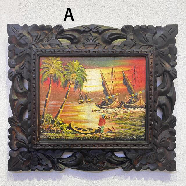 ※最終価格【美品】バリ アート 油絵（大1枚小3枚） アジアンリゾート バリ絵画 風景画 朝の漁 サンライズ 38×33 朝焼け 2タイプ 額付き バリ