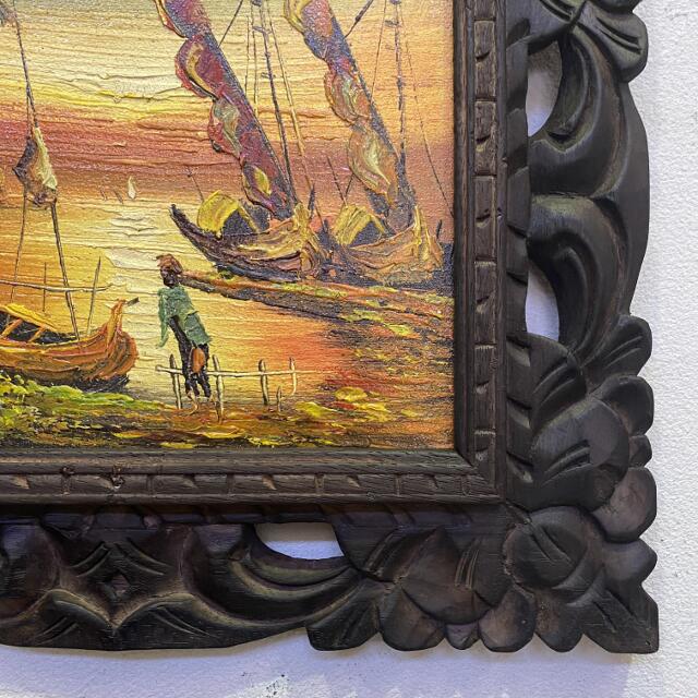バリ絵画 風景画 朝の漁 サンライズ 38×33 朝焼け 2タイプ 額付き バリ