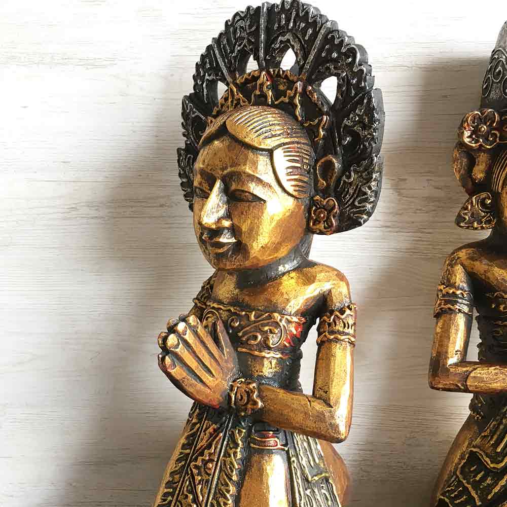 お得2体セット！インドネシア　木彫り 木彫り スタンドオブジェ 置物 男女 ペアセット ゴールド