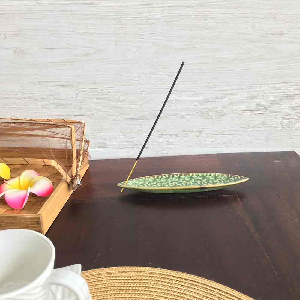 お香立て プルメリア柄 陶器 舟型 W18.5cm 緑 バリ島製 アジアン 雑貨