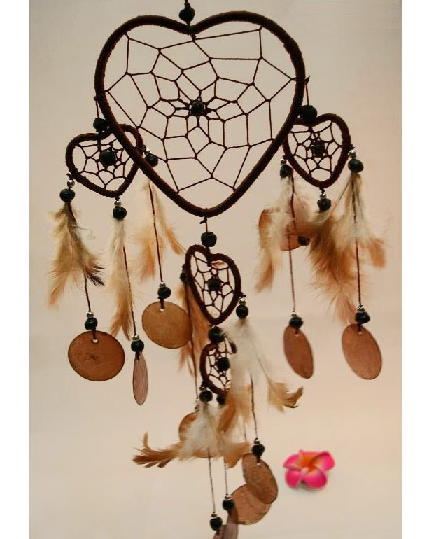 バリ島製 ハート ドリームキャッチャー 茶色 3連 エスニック 壁飾り