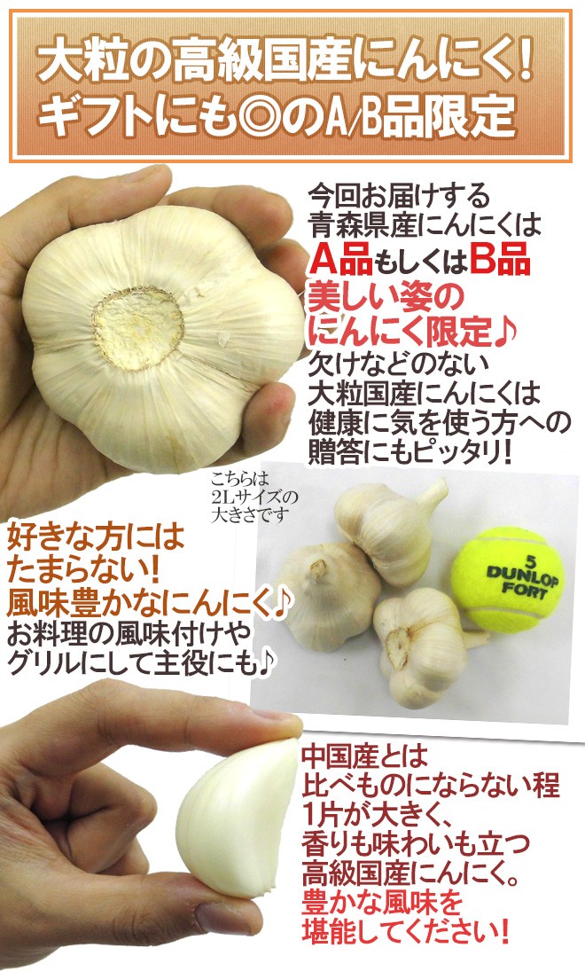 青森県 ”国産にんにく” 約5kg 等級A/B 2Lサイズ以上 送料無料