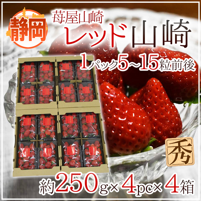 いちご 静岡県 ”苺屋山崎 レッド山崎” 秀品 4pc（1pcあたり5〜15粒前後