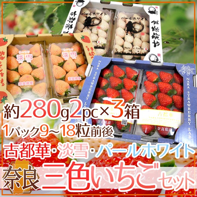 奈良県産 ”いちご三色 3箱セット” 2pc（1pcあたり9〜18粒前後 約280g）×3箱 古都華・淡雪・パールホワイト【予約 12月以降】 送料無料