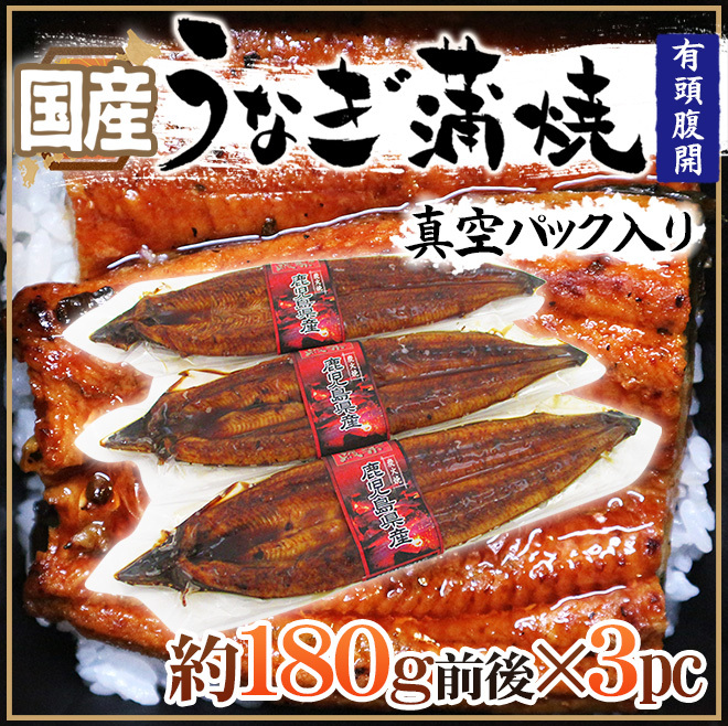 国産 ”うなぎ蒲焼” 約180g前後×3pc 真空パック入り 山椒・タレ付き 