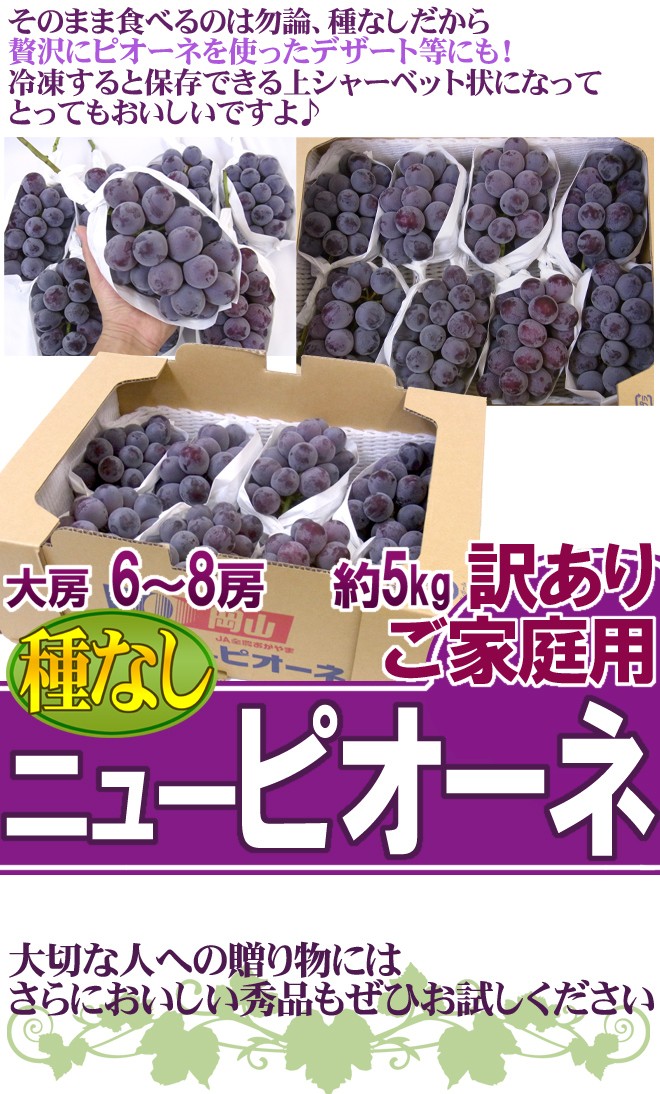 ぶどう 岡山産 ”種なしニューピオーネ” 6〜8房 約5kg ちょっと訳あり【予約 9月以降】 送料無料 : 2020033-pio-5kg-w :  くらし快援隊 - 通販 - Yahoo!ショッピング