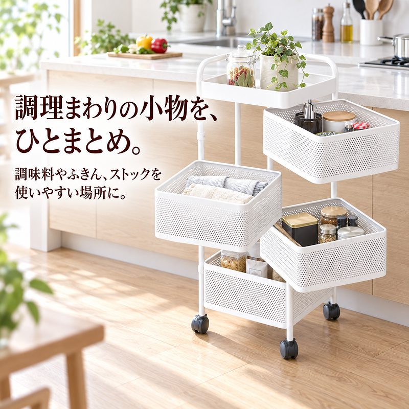 MONOWA キッチンワゴン キャスター付き 4段 天板付き 収納ワゴン 360