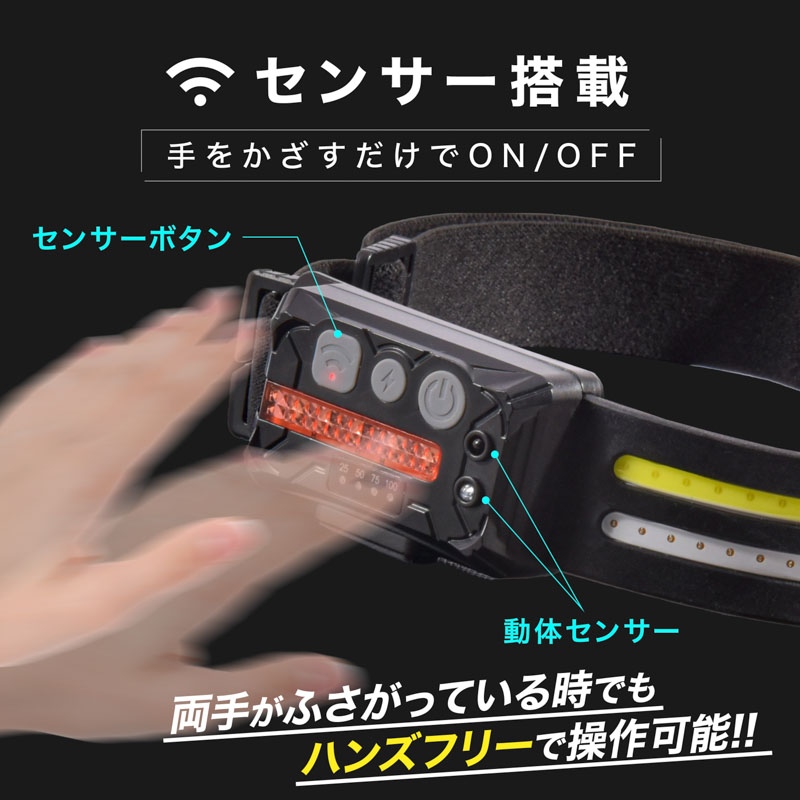 MONOWA ヘッドライト 充電式 led 軽量 センサー搭載 ハザードライト