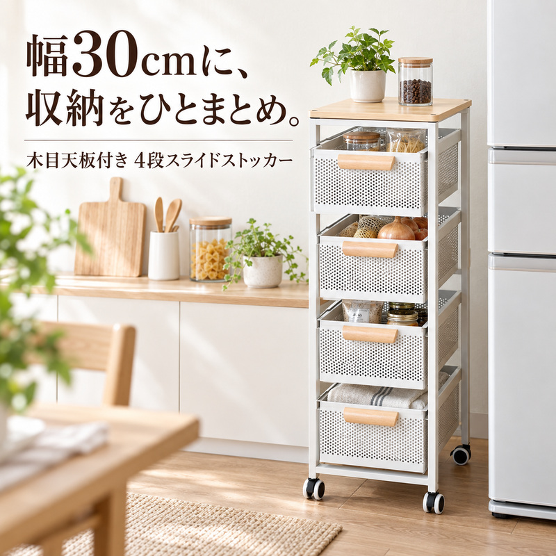 MONOWA キッチンワゴン 4段 幅30cm 木目天板 キャスター付き スリム