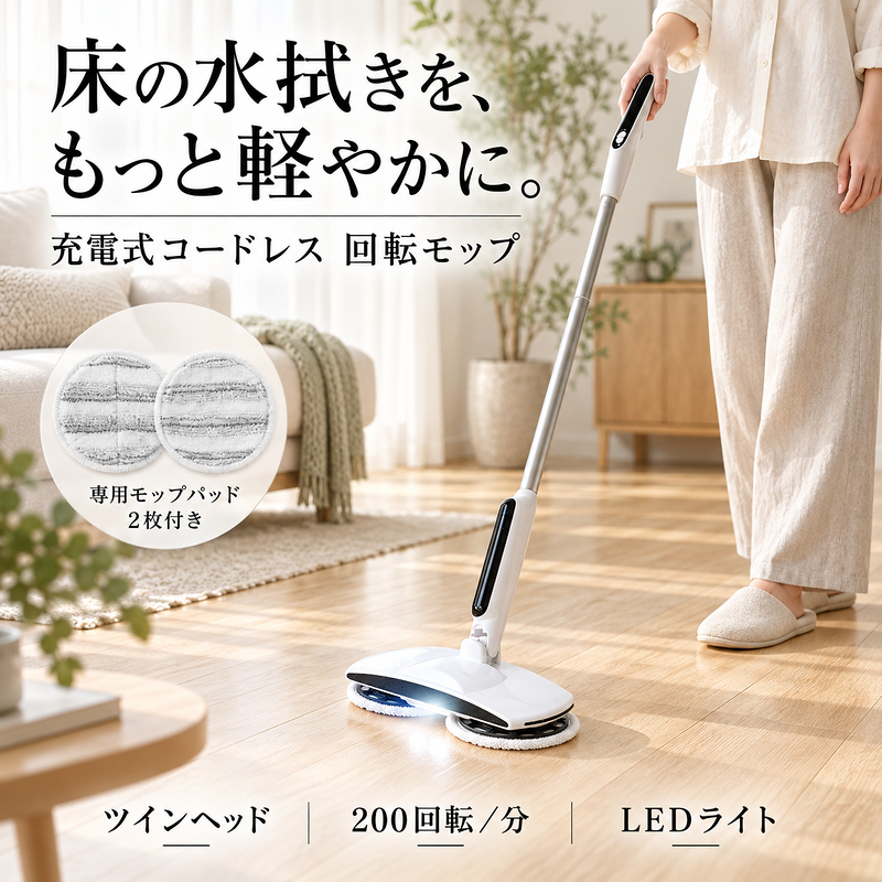MONOWA TVで紹介 電動モップ 回転モップ コードレス 充電式 床掃除 水