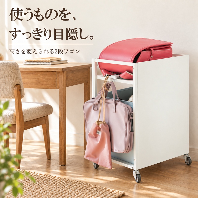 MONOWA 目隠しワゴン 2段 キャスター付き 収納ラック 棚板高さ3段階