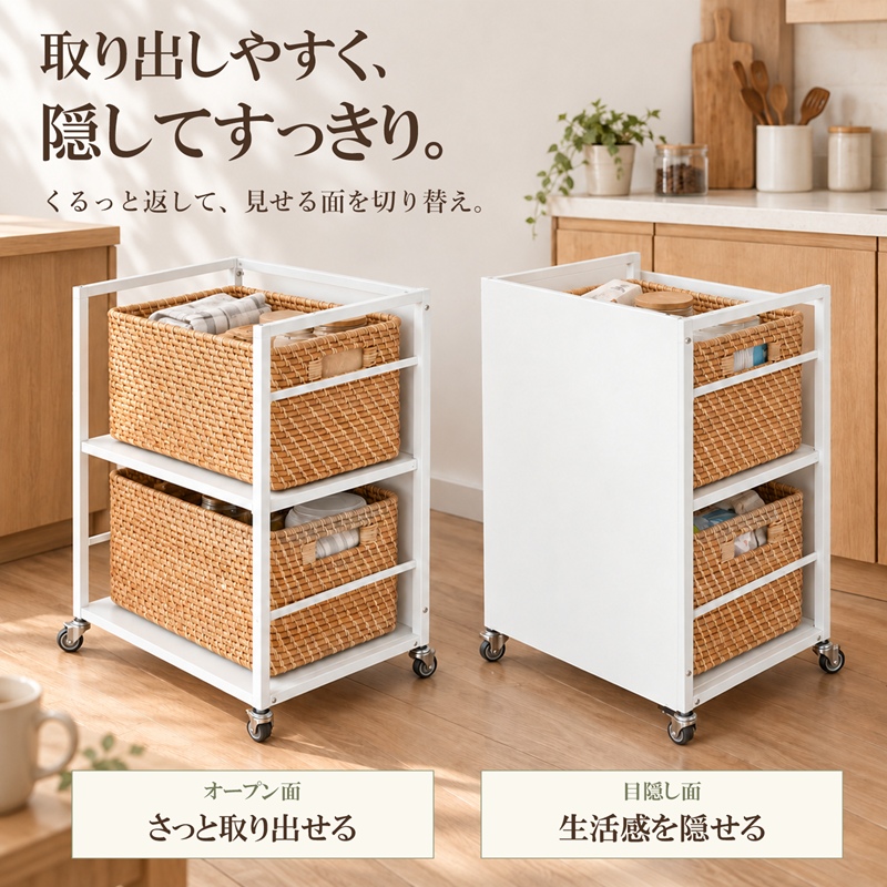 MONOWA 目隠しワゴン 2段 キャスター付き 収納ラック 棚板高さ3段階