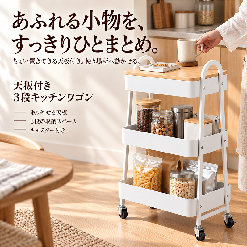 MONOWA キッチンワゴン キャスター付き 3段 天板付き 収納ワゴン 木目