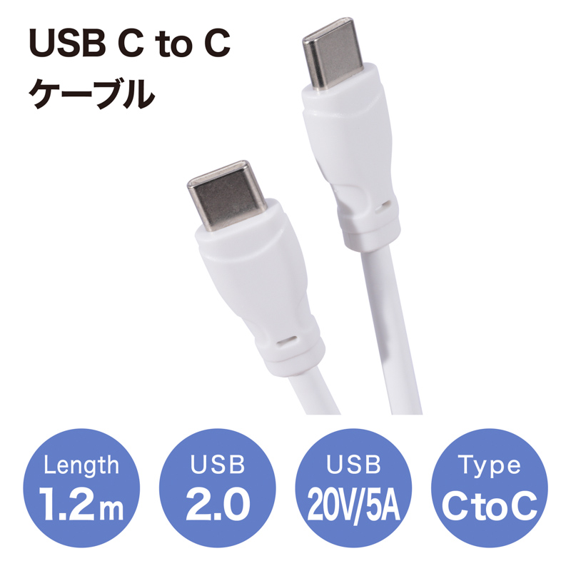 超小型 急速充電器 幅広い互換性 Type-Cケーブル付属 Type-C to Type-Cケーブル 長1.2m USBケーブル 急速充電 断線しにくい