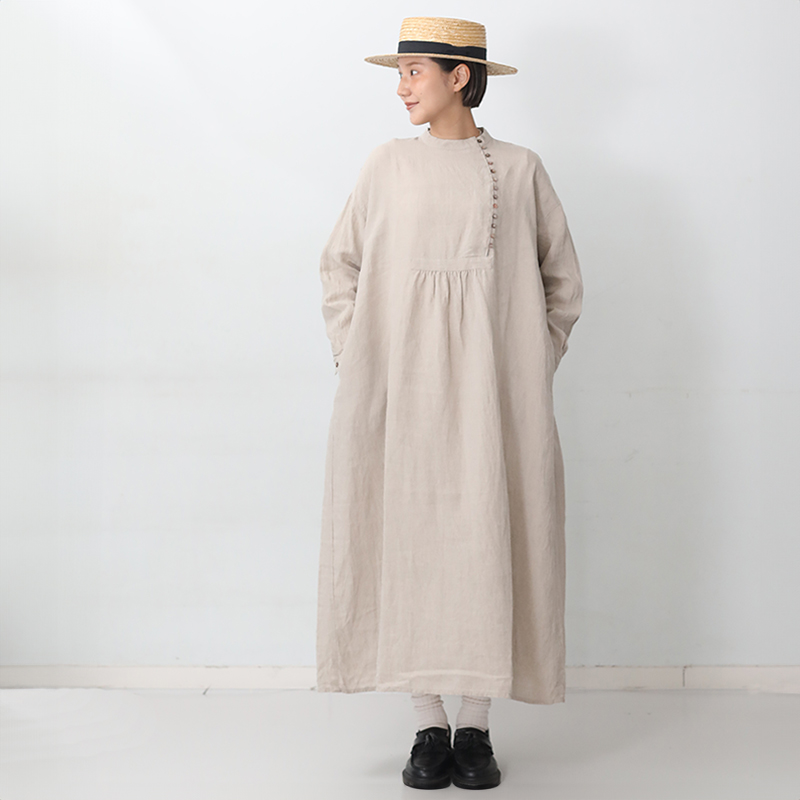 【ichi Antiquités】リネンワンピース ICHI Antiquites (イチアンティークス) カラーリネンギャザーワンピース
