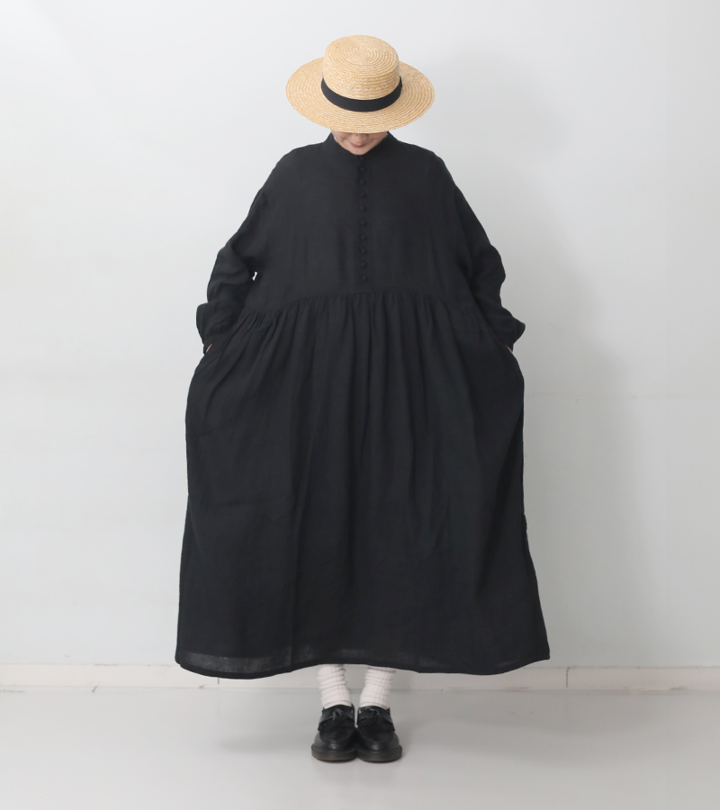 ICHI Antiquites イチアンティークス フレンチリネンドレス ブラック