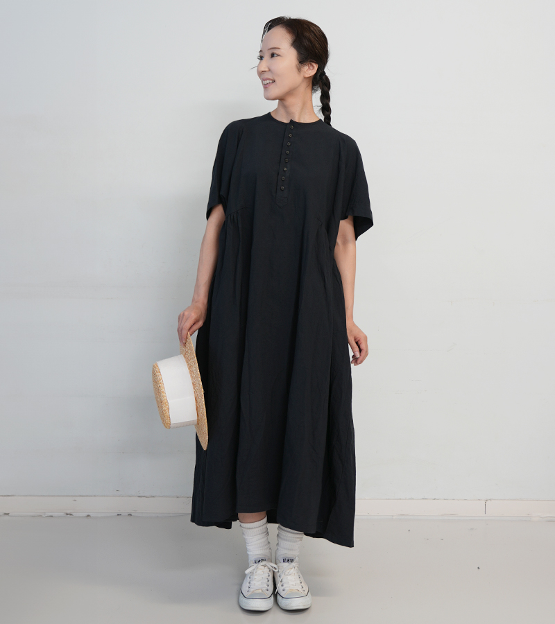 ICHI Antiquites イチアンティークス リネンコットンドレス ブラック