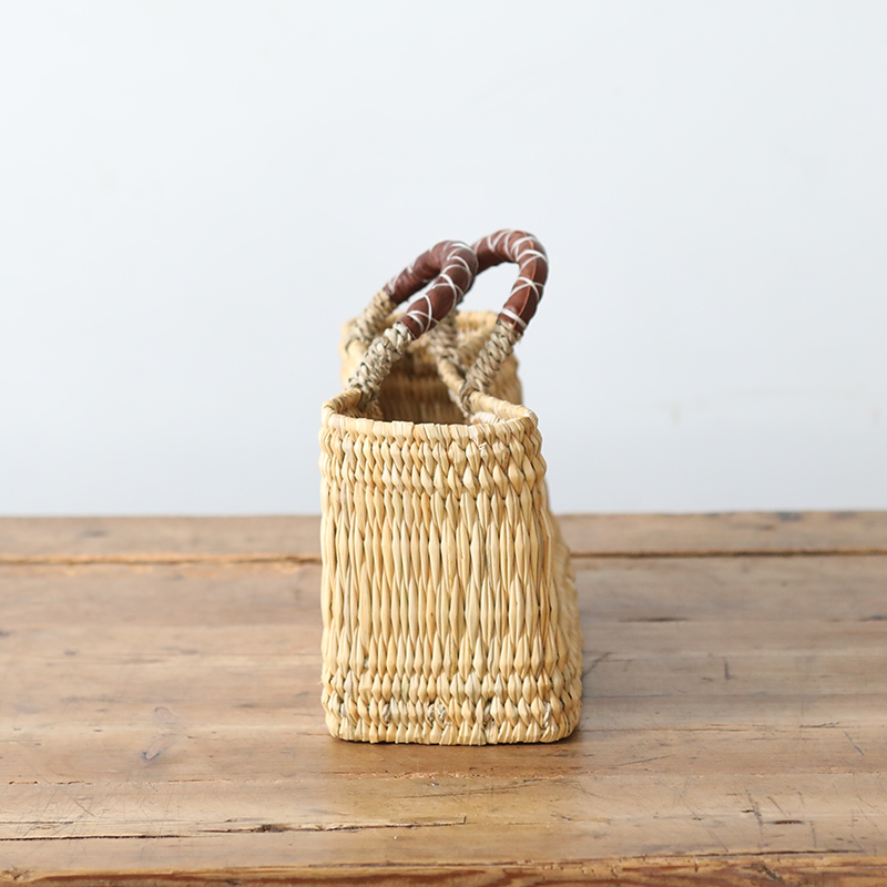 ストロー横長かご 革クロスステッチハンドル S 焦げ茶 ストロー