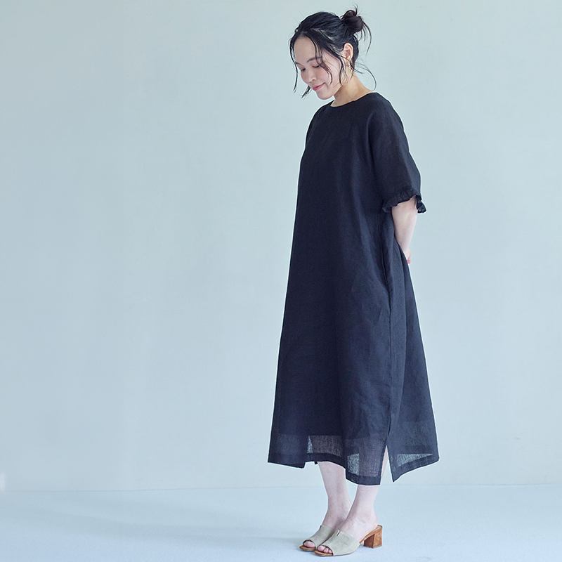 【美品】フォグリネンワーク、アダル、ブラック、ギャザープリーツロングワンピース fog linen work（フォグリネンワーク） ケイシー ワンピース ブラック