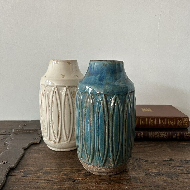 セラミックベース 2カラー ターコイズ アイボリー 花瓶 アンティーク調