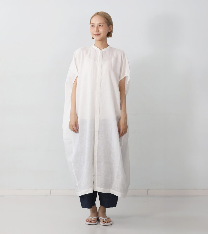 UNIVERSAL TISSU ロングシャツワンピース ノーカラー 比翼ボタン