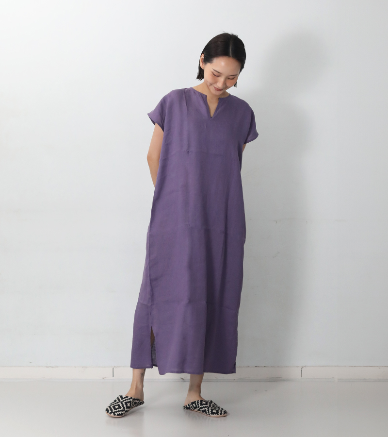 fog linen work フレンチスリーブワンピース　紺 fog linen work（フォグリネンワーク） くらし舎限定販売 リリー