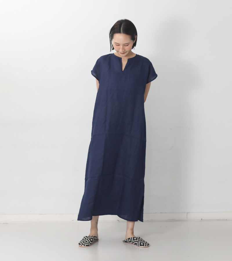 fog linen work フレンチスリーブワンピース　紺 fog linen work（フォグリネンワーク） くらし舎限定販売 リリー