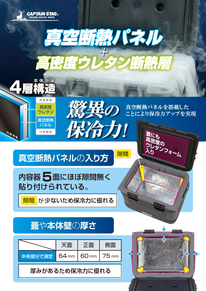 キャプテンスタッグ 真空断熱クーラーボックス スーパーコールド45 UE-0112 ブラック 45L 関連画像2