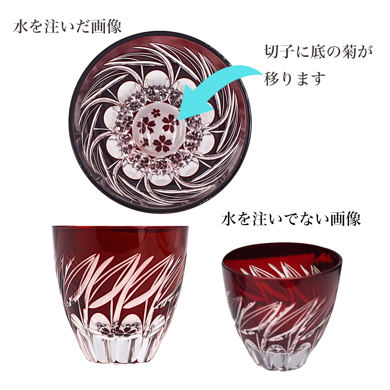 KOEDO川越硝子 切子グラス 万華 ぐい呑み 桜花飛翔 銅赤／瑠璃