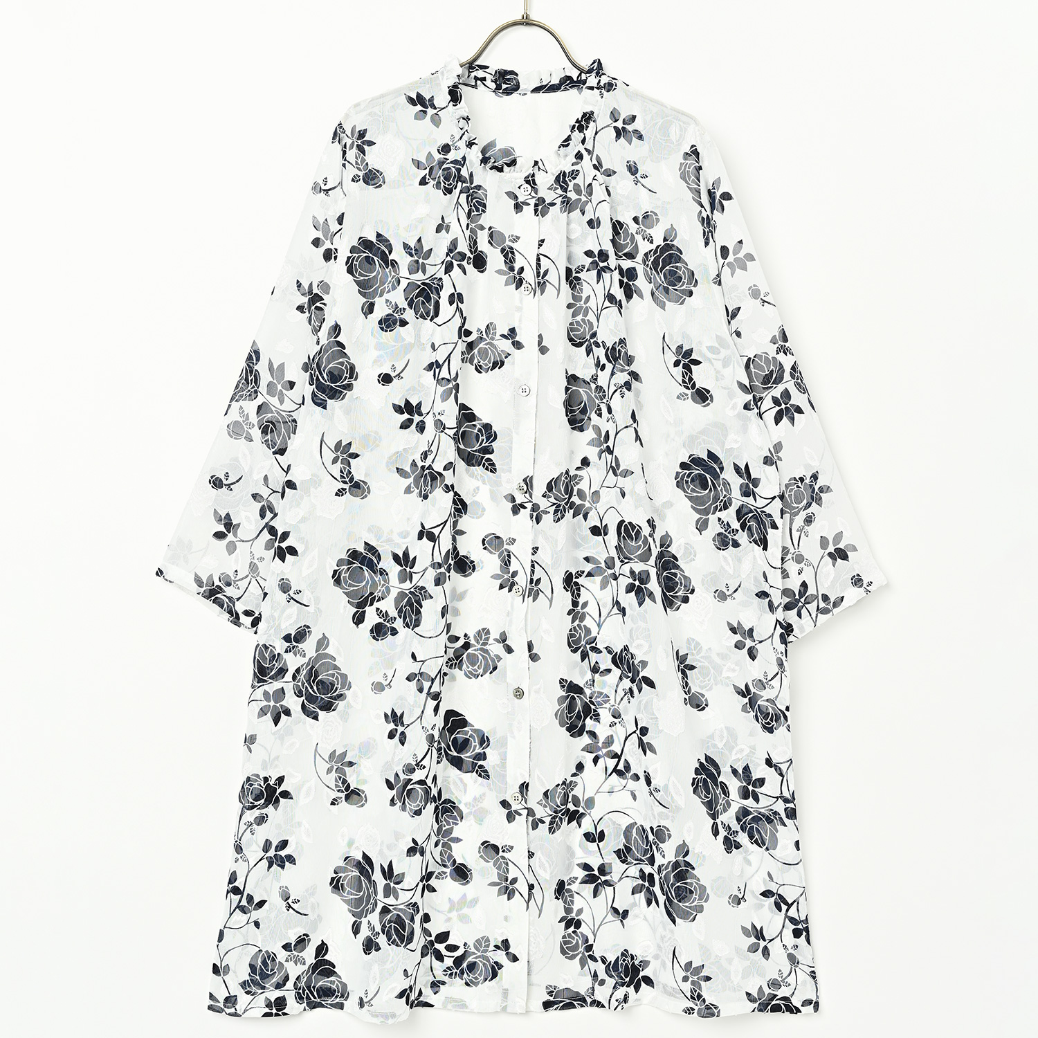 カットジャガード ロングシャツ ‐花柄 シアー ロングカーデガン ロング丈 花柄 大きなサイズ レディース ブラウス 8分袖 春 夏 ホワイト グレー ローズ ミモザ marai ロングスカート フレアスカート 柄 花柄 ミモレ丈